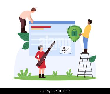 Digitale Signatursicherheit, Schutz personenbezogener Daten. Winzige Leute unterzeichnen elektronisches Dokument mit Stift und halten Schild, um Online-Vereinbarung, Transaktion oder Vertrag Cartoon Vektor Illustration zu schützen Stock Vektor