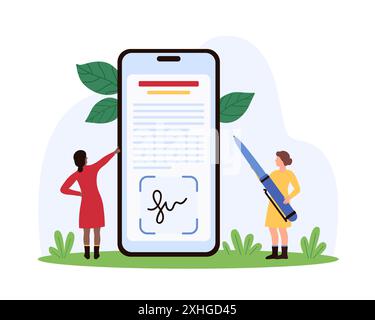 Digitale Signatur, Lizenzüberprüfung in der mobilen App. Winzige Leute unterzeichnen elektronisches Dokument auf dem Smartphone-Bildschirm mit Stift, um Online-Vereinbarung, Vertrag oder Deal Cartoon Vektor Illustration zu genehmigen Stock Vektor