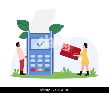 Kontaktloses Zahlungssystem, Online-Transaktion. Winzige Leute halten POS-Terminal und Kreditkarte, um zu wischen und für Einkäufe zu bezahlen, Checkout Checkout-Häkchen auf dem Maschinenscreen Cartoon Vektor Illustration Stock Vektor