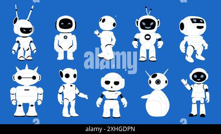 Niedliche Roboter, futuristische Chatbot-Charaktere. Gruppe von verschiedenen intelligenten Chat-Bots mit Antenne und freundlichen Gesten auf blauem Hintergrund, Zeichentrick künstliche intelligente Maskottchen Vektor-Illustration Stock Vektor