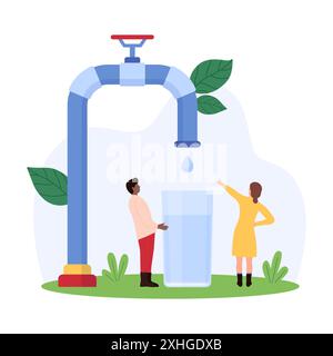 Sauberer Trinkwasserverbrauch, Sicherheit und sichere gesunde Reinigung mit Filter. Winzige Leute öffnen Küchenarmatur, um transparentes Glas mit klarem reinem gereinigtem Wasser zu füllen Cartoonvektor Illustration Stock Vektor