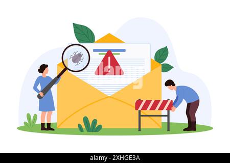 Schutz von E-Mails und Online-Dokumenten vor Betrug und Betrug. Winzige Leute analysieren Briefe mit Lupe, finden und entfernen Bug mit Warnung Antiviren System Nachricht Cartoon Vektor Illustration Stock Vektor