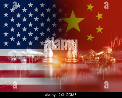 US-amerikanische und chinesische Fahnen auf Schach auf einem Schachbrett, US-amerikanischer und chinesischer Handelskrieg, USA und China Handelsbeziehungen, Symbol für zolltarifliche Handelshemmnisse Stockfoto