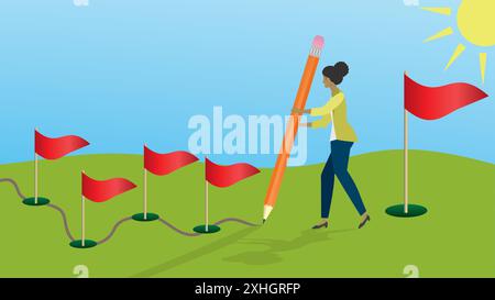 Frau, die ihren Weg zum großen Ziel aus kleinen Toren plant. Abmessung 16:9. Vektorabbildung. Stock Vektor