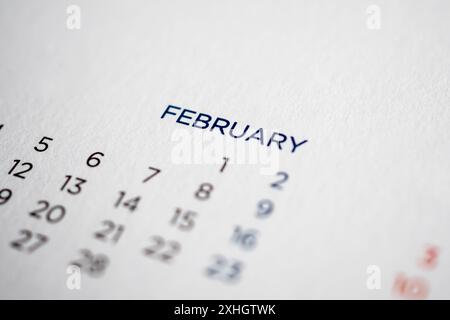 Kalenderseite für Februar mit Monaten und Daten Stockfoto