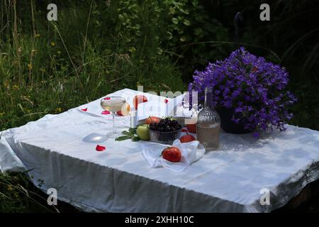 Sommer-Picknick im Garten auf einer weißen Tischdecke mit frischem Obst, Blumen und Champagner. Warmer Tag in einem Garten. Romantischer Esstisch. Stockfoto