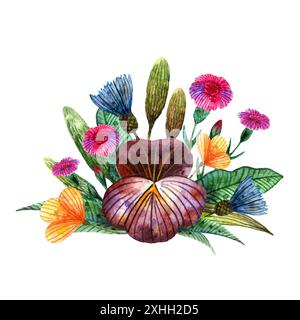 Wildblumen mit Wasserfarben. Isolierter Blumenstrauß auf weißem Hintergrund Stockfoto