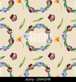 Wildblumen mit Wasserfarben. Nahtloses Muster mit Stiefmütterchen- und orangen Blüten auf beigefarbenem Hintergrund Stockfoto
