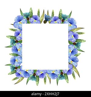 Wildblumen mit Wasserfarben. Quadratischer blauer Sommerrahmen von verschiedenen Blumen auf weißem Hintergrund Stockfoto