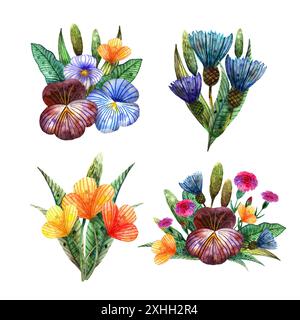 Wildblumen mit Wasserfarben. Set aus vier süßen Sommersträußen mit bunten Wiesenblumen auf weißem Hintergrund Stockfoto