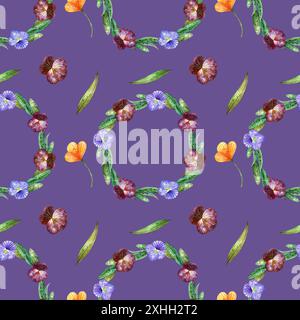 Wildblumen mit Wasserfarben. Nahtloses Muster mit Stiefmütterchenkränzen und orangen Blumen auf blauem Hintergrund Stockfoto