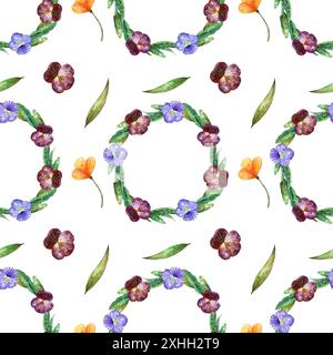 Wildblumen mit Wasserfarben. Nahtloses Muster mit Stiefmütterchenkränzen und orangen Blumen auf weißem Hintergrund Stockfoto