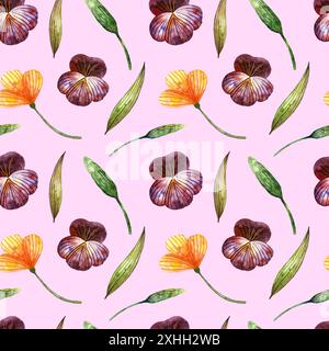 Wildblumen mit Wasserfarben. Sanftes, nahtloses Muster mit Stiefmütterchen, Scheren und Spikelets auf rosa Hintergrund Stockfoto