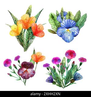 Wildblumen mit Wasserfarben. Set aus vier süßen Sommersträußen mit bunten Wiesenblumen auf weißem Hintergrund Stockfoto