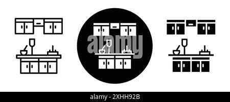 Küchenschrank Icon Schwarze Linie Art Vektor in schwarz-weiß Umrisse Set Sammlung Zeichen Stock Vektor