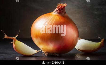 Gemüse, Zwiebel, Allium cepa, einzelne reife Zwiebel, Stillleben im Studio, dunkler Hintergrund Stockfoto