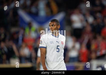 Köln, Deutschland - 19.06.2024: Manuel Akanji wurde beim Spiel der UEFA Euro 2024 zwischen den Nationalmannschaften Schottlands und der Schweiz bei Rheinenergiestadio gesehen Stockfoto