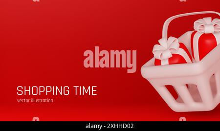 Esskorb voller Kisten mit Waren. Warenkorb realistisches 3D-Objekt. Einkaufszeit. Kreatives Konzeptdesign. Web-Landing-Page, Banner und Stock Vektor