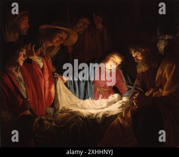 Anbetung der Hirten (1622) des niederländischen Malers Gerard van Honthorst. Moderne säkulare Historiker betrachten die Geburtsgeschichte in Lukas 1:26–2:52 als eine Legende, die von frühen Christen erfunden wurde und auf Vorgängern des Alten Testaments basiert.[15][43][44] Stockfoto