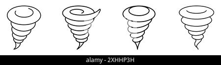 Tornado-Symbole gesetzt. Hurrikan gezeichnetes lineares Symbol. Schwarzes Typhoon-Symbol auf weiß isoliert Stock Vektor