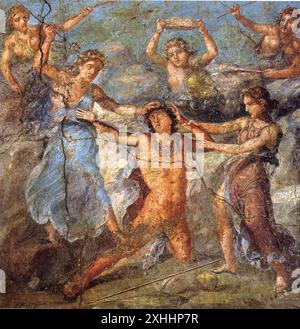 Römisches Wandgemälde aus dem Haus der Vettii in Pompeji aus dem ersten Jahrhundert n. Chr., das Dionysos Feind Pentheus zeigt, der von den Maenaden in Stücke gerissen wurde Stockfoto