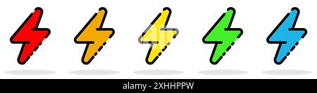 Blitzsymbol. Satz von leuchtenden Blitzsymbolen. Vektorabbildung Stock Vektor