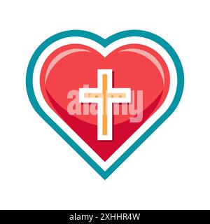 Herzsymbol. Rotes Herz mit einem christlichen Kreuz, das den christlichen Glauben und die Liebe symbolisiert Stock Vektor