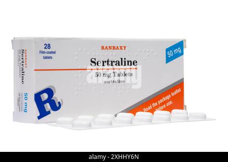 Schachtel mit ranbaxy Sertralin Antidepressivum 50 mg Tabletten vor weißem Hintergrund ausgeschnitten Stockfoto