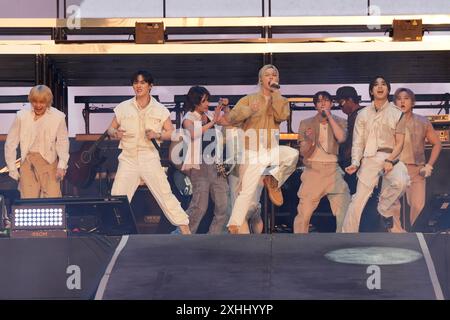 NUR Stray Kids, die auf der Bühne im BST Hyde Park in London auftreten. Bilddatum: Sonntag, 14. Juli 2024. Stockfoto