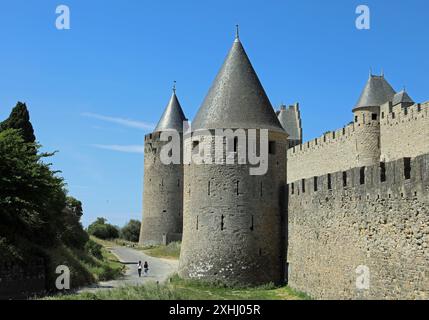 La Cite, eine mittelalterliche Zitadelle in Carcassonne in Südfrankreich, UNESCO-Weltkulturerbe Stockfoto