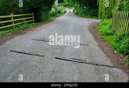 Die Disued-Eisenbahnlinie überquert die Straße in der Nähe der Llandinam Bridge, Llandinam, in der Nähe von Newtown, Powys, Wales Stockfoto