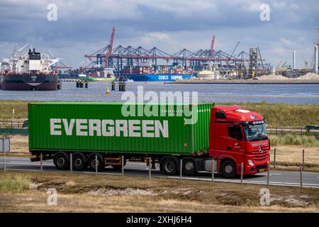 Der Seehafen von Rotterdam, Niederlande, Tiefseehafen Maasvlakte 2, auf einer künstlich angelegten Landfläche vor ursprünglichen Küste, Hutchison Ports ECT Euromax Terminal Rotterdam, Container Terminals, LKW hat Container im Hafen abgeholt und transportiert sie weiter, Containerhafen Rotterdam *** der Seehafen Rotterdam, Niederlande, Tiefseehafen Maasvlakte 2, auf einem künstlichen Landgebiet vor der ursprünglichen Küste, Hutchison Ports ECT Euromax Terminal Rotterdam, Containerterminals, Truck hat Container im Hafen abgeholt und transportiert sie weiter, Containerhafen Rotterdam Stockfoto