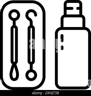 Symbole für die Gesichtsreinigung der Werkzeuge für die Umrissdarstellung. Problem Gesichtspflege und Schönheitsgeräte. Edelstahl-Mitesser Akne-Entferner Pickel-Schlaufe, Löffel einfaches Schild Stock Vektor