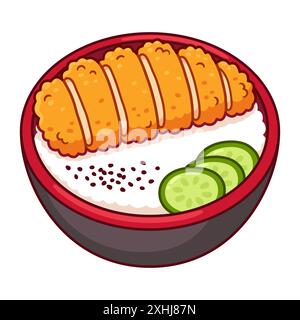 Katsudon, frittiertes Hühnchen- oder Schweinekotelett und Reisschale, japanische Gerichte. Niedliche Zeichentrickvektor-Illustration. Stock Vektor