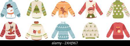 Hässliches Pullover-Set. Cartoon-Pullover mit weihnachtsfeier. Weihnachtsoutfit für Freunde oder Familie, lustige Feiertagsstrickkleidung. Verschiedene Jumper eng anliegend Stock Vektor