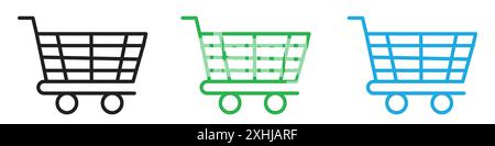 Einkaufswagen-Symbol Schwarzer Linie Kunstvektor in Schwarz-weiß-Umrissset Sammlungsschild Stock Vektor