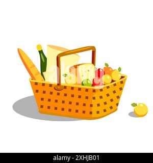 Picknickkorb mit Essen, Wein, Getränk Stock Vektor