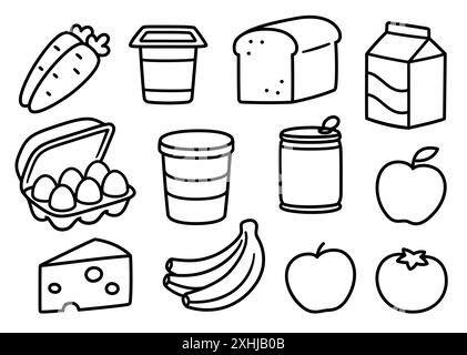 Lebensmittelgerichte Kritzelzeichnung Set. Brot, Eier, Milch und Milchprodukte, Obst und Gemüse. Einfache Zeichentrickvektor-ClipArt-Illustration. Stock Vektor