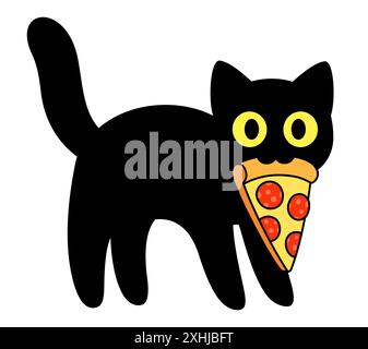 Schwarze Katze, die Pizzascheibe im Mund hält. Lustige Zeichentrickzeichnung, süße und einfache Vektorillustration. Stock Vektor