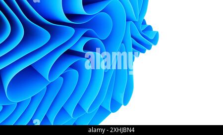3D-Illustration des eleganten Hintergrunds mit fließenden weichen Blütenblättern der blauen Farbe auf weißem Hintergrund Stockfoto