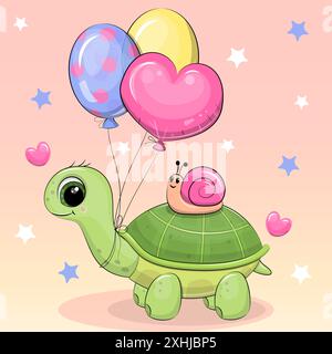 Niedliche Zeichentrickschildkröte mit Ballons und Schnecke. Vektor-Illustration eines Tieres auf einem rosa Hintergrund mit Herzen und Sternen. Stock Vektor