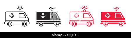 Ambulance Icon Schwarzer Linie Art Vektor in schwarz-weiß Umriss Set Sammlung Zeichen Stock Vektor
