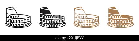 Kolosseum-Ikone Schwarze Linie Kunstvektor in schwarz-weiß Umriss Set Sammlung Zeichen Stock Vektor