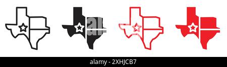 Texas Map Icon Black Line Art Vektor in schwarz-weiß Umrisse Set Sammlung Zeichen Stock Vektor