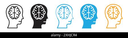 Menschlicher Kopf mit dem Hirn-Symbol Schwarzer Linie Kunstvektor in schwarz-weiß Umrisse Set Sammlung Zeichen Stock Vektor