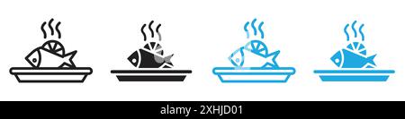 Gekochter Fisch Icon Black Line Art Vektor in schwarz-weiß Umrisse Set Sammlung Zeichen Stock Vektor