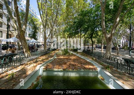 Der von Bäumen umgebene Wassersee an der Avenida da Liberdade in Lissabon-Portugal. Stockfoto