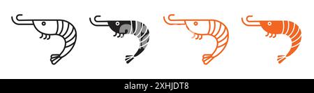 Shrimp Icon Schwarze Linie Art Vektor in schwarz-weiß Umrisse Set Sammlung Zeichen Stock Vektor