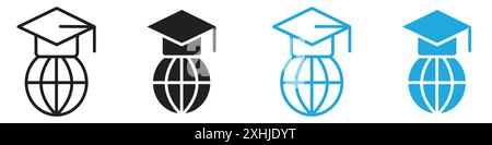 World University Icon Black Line Art Vektor in schwarz-weiß Umrisse Set Sammlung Zeichen Stock Vektor