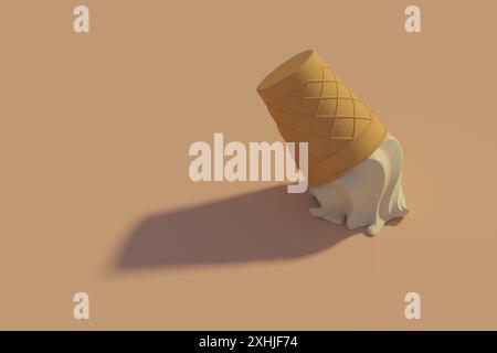 Gefallenes Vanilleeis auf gelbem Hintergrund mit Kopierraum. 3D-Abbildung. Stockfoto